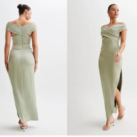 NWT MESHKI Harley Off The Shoulder Cross Satin Maxi Dress in Sage Green Size XS - Picture 3 of 9